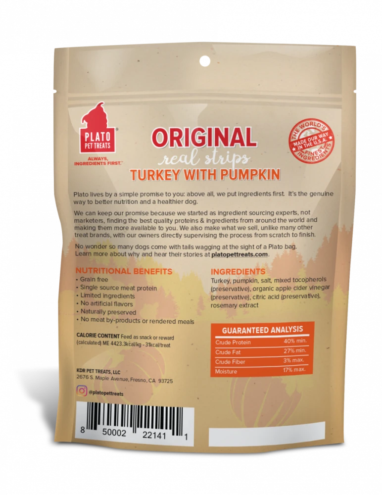 Plato Grain Free Real Strips Turkey With Pumpkin Dog Treats - Image 2